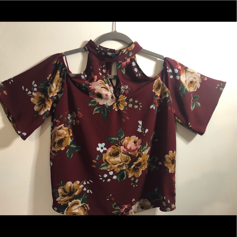 New Dressy Top. Flower designs with burgundy base.